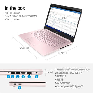 HP Portable Laptop (Include 1 Year Microsoft 365), 14’’ HD Display, 8GB RAM, 64GB eMMC, Intel Quad-Core N4120, Student and Business, Webcam, HDMI, Wi-Fi, RJ-45, Windows 11 Home, Pink