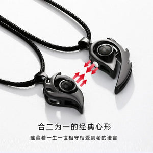 2PCS Stainless Steel 100 Languages I Love You Projection  Magnetic Couple Necklace Heart Shape Necklace Jewelry Lover Gifts