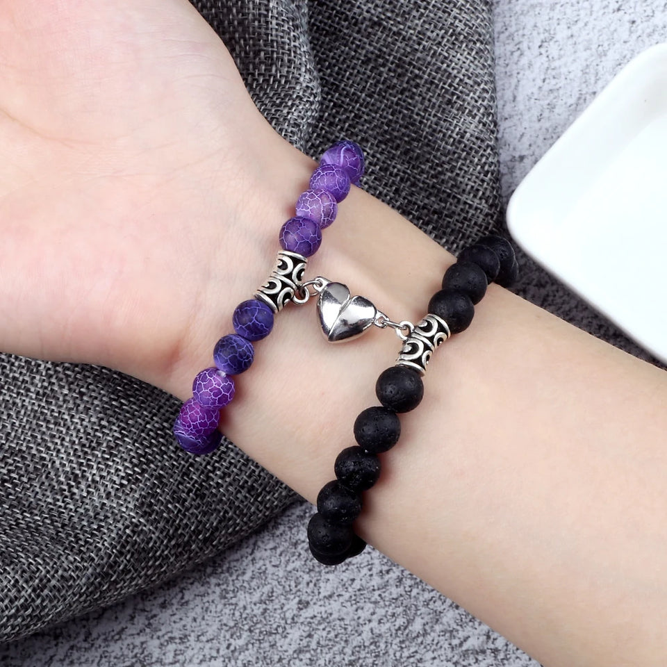 2pcs/set Couple Distance Beads Bracelet for Lovers Heart Magnet Attraction Natural Stone Bracelets Friends Jewelry Gift Bangles