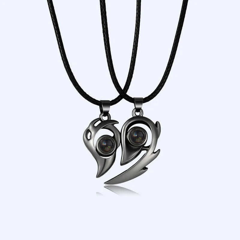 2PCS Stainless Steel 100 Languages I Love You Projection  Magnetic Couple Necklace Heart Shape Necklace Jewelry Lover Gifts