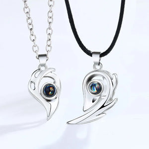 2PCS Stainless Steel 100 Languages I Love You Projection  Magnetic Couple Necklace Heart Shape Necklace Jewelry Lover Gifts