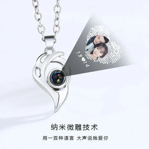 2PCS Stainless Steel 100 Languages I Love You Projection  Magnetic Couple Necklace Heart Shape Necklace Jewelry Lover Gifts