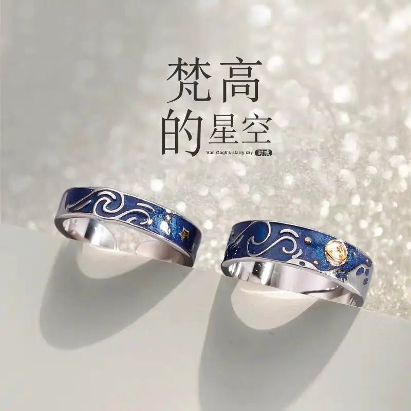 Anime 925 Sterling Silver Van Gogh Starry Sky Open Couple Ring New Fashion Ring Anime S925 Ring for Women Men Jewelry Gift