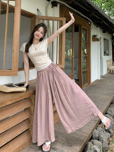 Women Elegant All-match Solid Color Wide Leg Pants Summer Simplicity Elastic High Waist Casual Lace Up Trousers Female Clothing