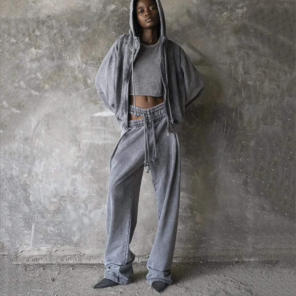 HOUZHOU Sweatpants Women Gray Loose Casual Wide Leg Pants Trousers Hollow Out Streetwear Vintage Female Clothing Sports Pants