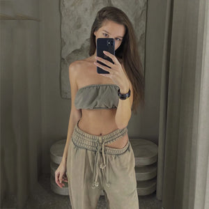 HOUZHOU Sweatpants Women Gray Loose Casual Wide Leg Pants Trousers Hollow Out Streetwear Vintage Female Clothing Sports Pants