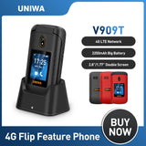 UNIWA V909T Big Push-Button 4G Flip Phone Dual Screen 0.3MP Camera FM Radio Russian Hebrew Keyboard 2250mAh Clamshell Cellphone