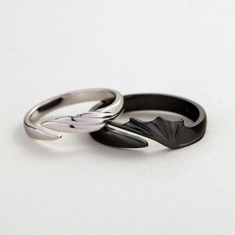 2Pieces Angel & Devil Couples Matching Ring Set Simplicity Adjustable for Women Men Engagement Marry Anniversary Lover