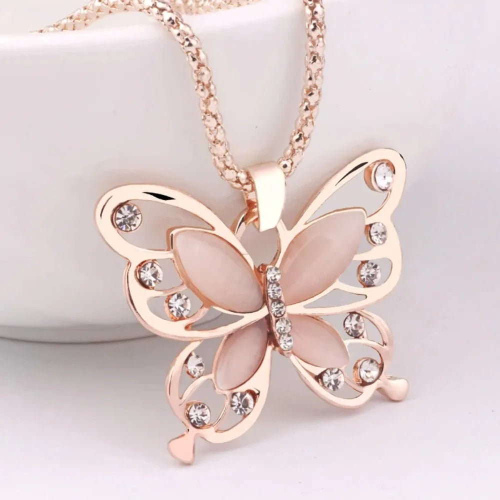 SUMENG 2024 New Necklace Choker Pendent Rose Gold Color Opal Butterfly Pendant Exquisite  Sweater Chain For Women Gifts