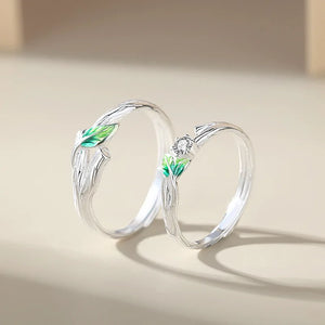 Sweet Simple Green Leaves Young Couple Ring For Women Lover Silver Color Open Resizable Rings Romantic Wedding Jewelry