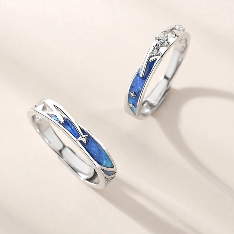 2Pcs Fashion Sea Blue Meteoric Star Couple Rings Set Promise Wedding Bands Kit Adjustable Open Rings for Him & Her