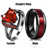 Fashion Couple Rings Romantic Women Heart Red Rhinestones Zircon Ring Men Stainless Steel CCeltic Dragon Rings Wedding Jewelry