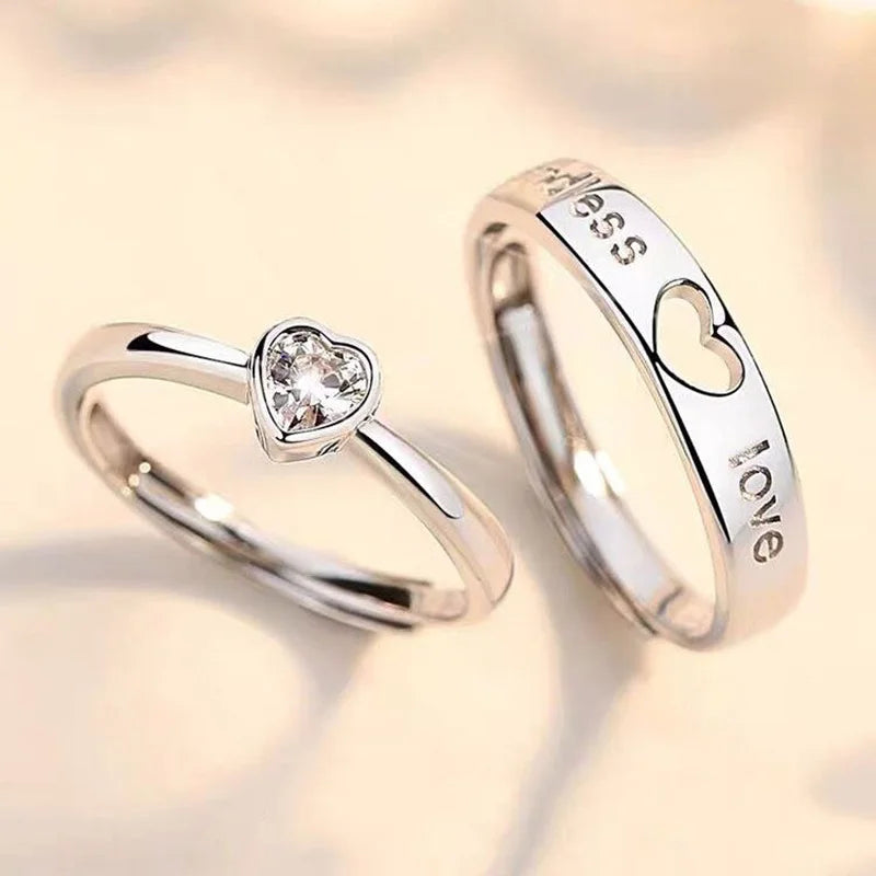 Zircon Love Heart Couple Rings for Women Men Lover Jewelry Silver Color Letter Ring Valentine's Day Girlfriends Gift