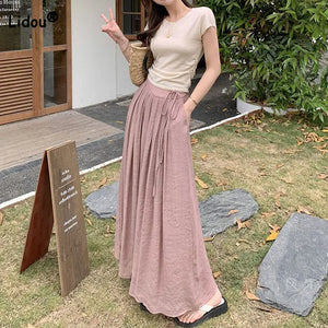 Women Elegant All-match Solid Color Wide Leg Pants Summer Simplicity Elastic High Waist Casual Lace Up Trousers Female Clothing