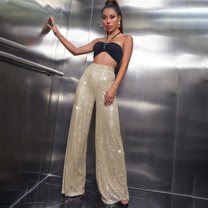 High Waisted Glitter Pants for Women 2023 Spring Summer Clothing Sparkly Sequin Loose Wide Leg Trousers Party Clubwear