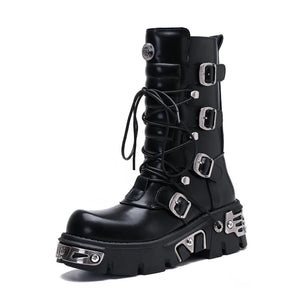 Women Men Boots Female Male Punk Metal Rock Black Chunky Heel Platform Pumps Ladies Motorcycle Mid-calf Round Toe Lace-up Shoes