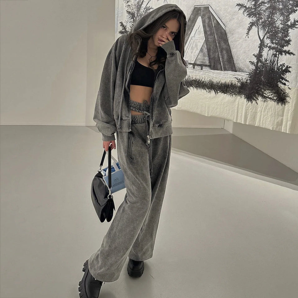 HOUZHOU Sweatpants Women Gray Loose Casual Wide Leg Pants Trousers Hollow Out Streetwear Vintage Female Clothing Sports Pants