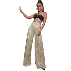 High Waisted Glitter Pants for Women 2023 Spring Summer Clothing Sparkly Sequin Loose Wide Leg Trousers Party Clubwear