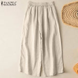 ZANZEA Summer Wide Leg Trousers Women Elastic Waist Solid Loose Pants Casual Vintage Cotton Pantalon Oversize Harem Palazzo 2023