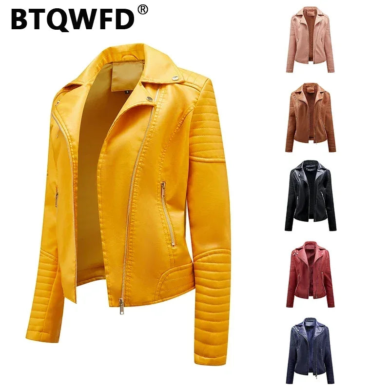 BTQWFD Women's Winter Turndown Collar Coats Long Sleeve PU Leather Jackets Female Clothing 2023 New Autumn Outwear With Pocket