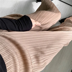 Pleats Women Pleated Solid Color Ankle-length Pants Elastic Waist Wide Leg Straight Female Trsouser Loose 2024 Summer Clothing