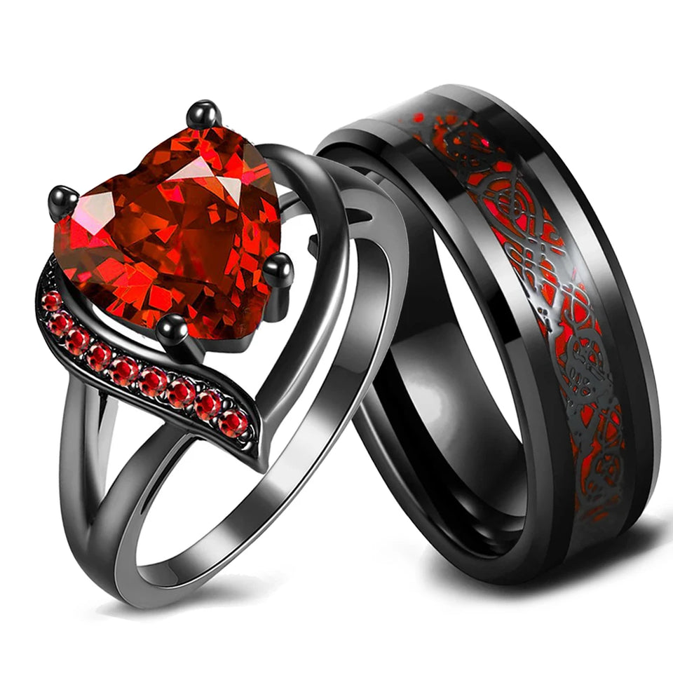 Fashion Couple Rings Romantic Women Heart Red Rhinestones Zircon Ring Men Stainless Steel CCeltic Dragon Rings Wedding Jewelry