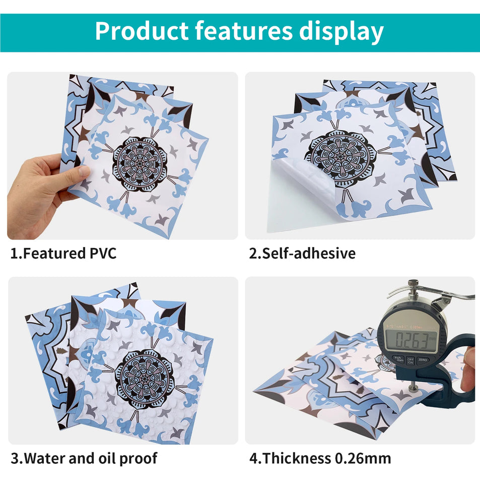 24 Pieces Retro Mandala Wall Stickers Kitchen Self-Adhesive Waterproof Tile Stickers Bathroom Decor Moroccan Pvc Decal Art Mural