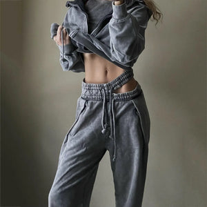 HOUZHOU Sweatpants Women Gray Loose Casual Wide Leg Pants Trousers Hollow Out Streetwear Vintage Female Clothing Sports Pants