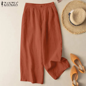 ZANZEA Summer Wide Leg Trousers Women Elastic Waist Solid Loose Pants Casual Vintage Cotton Pantalon Oversize Harem Palazzo 2023