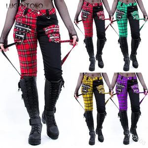 Women Pants Plaid Autumn Trousers  Personality Bandage Splice Casual Women's Print Large Size Pencil Clothing