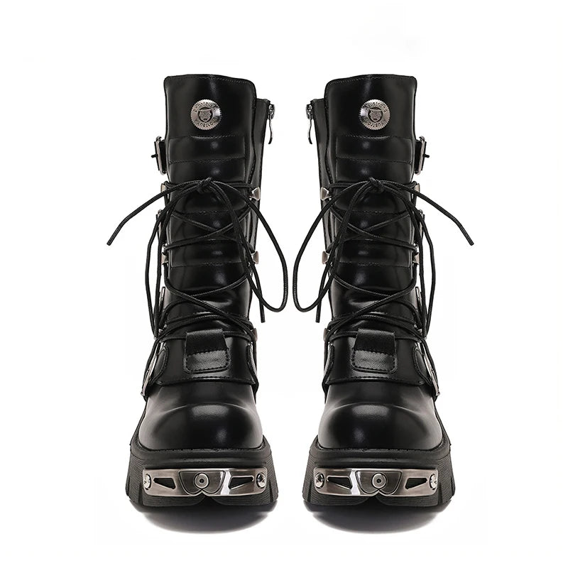 Women Men Boots Female Male Punk Metal Rock Black Chunky Heel Platform Pumps Ladies Motorcycle Mid-calf Round Toe Lace-up Shoes