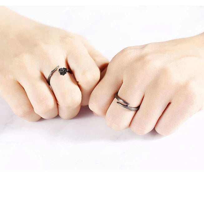 Fashion S925 sterling Silver Thorns Rose Simple Adjustable black Ring set for women and men couple Jewelry Valentine Day's gift