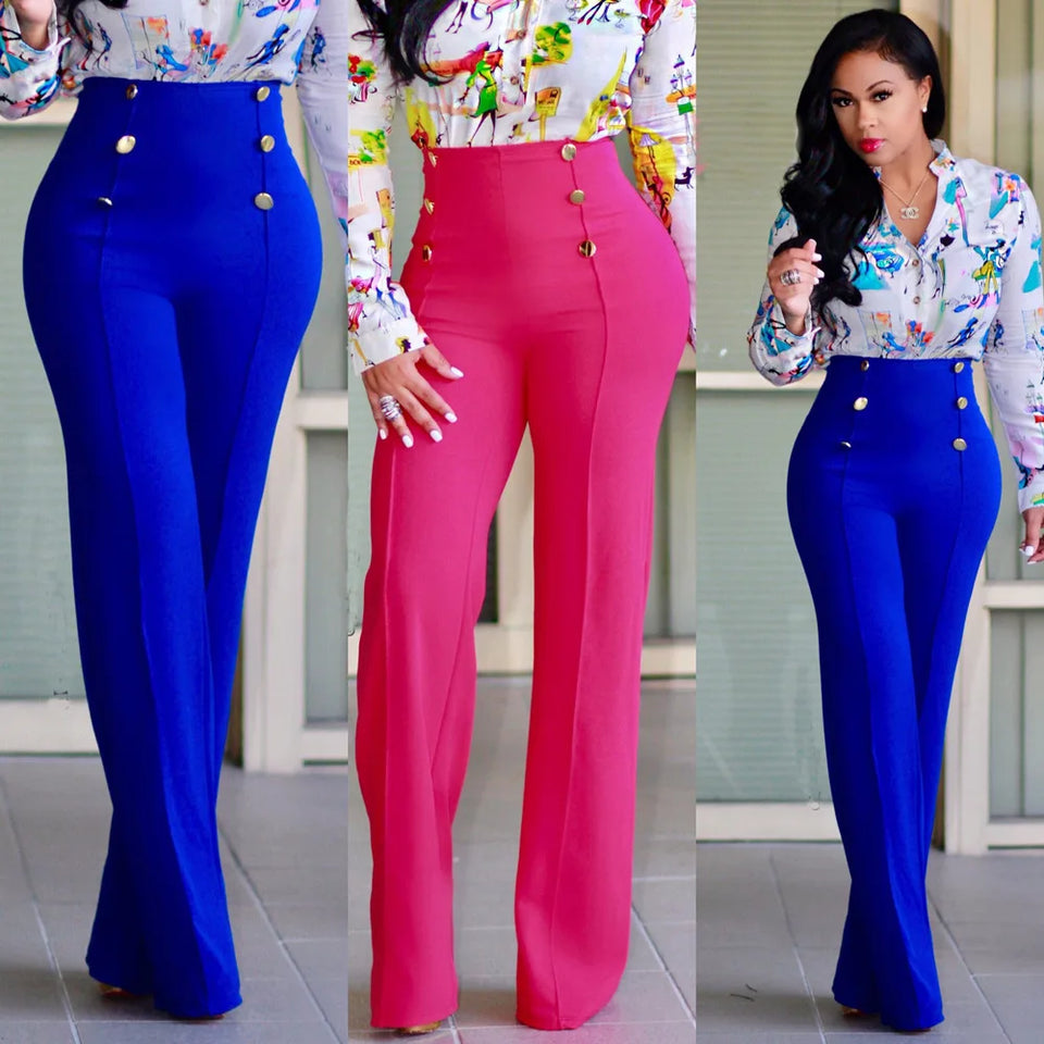 casual high waist long pants women office lady slim shirts & blouses wild pantalones clothing elegant Button straight leg pants