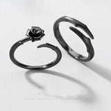 Fashion S925 sterling Silver Thorns Rose Simple Adjustable black Ring set for women and men couple Jewelry Valentine Day's gift