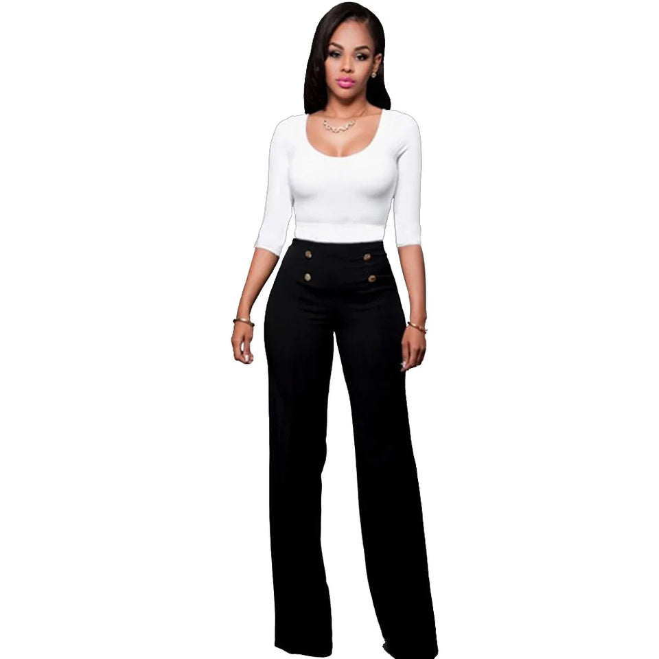 casual high waist long pants women office lady slim shirts & blouses wild pantalones clothing elegant Button straight leg pants