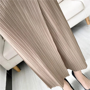 Pleats Women Pleated Solid Color Ankle-length Pants Elastic Waist Wide Leg Straight Female Trsouser Loose 2024 Summer Clothing