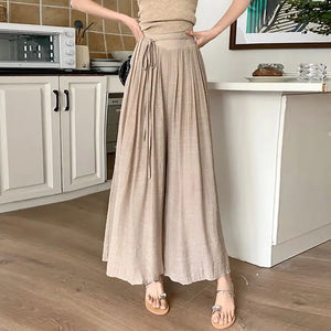 Women Elegant All-match Solid Color Wide Leg Pants Summer Simplicity Elastic High Waist Casual Lace Up Trousers Female Clothing