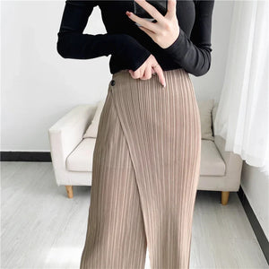 Pleats Women Pleated Solid Color Ankle-length Pants Elastic Waist Wide Leg Straight Female Trsouser Loose 2024 Summer Clothing