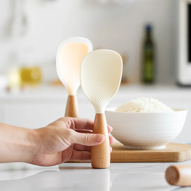 Creative Standing Silicone Rice Spoon Wooden Handle Non-stick Spatula Heat Resistant Rice Paddle Food Kitchen Cooking Tools