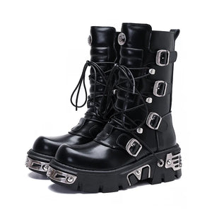 Women Men Boots Female Male Punk Metal Rock Black Chunky Heel Platform Pumps Ladies Motorcycle Mid-calf Round Toe Lace-up Shoes