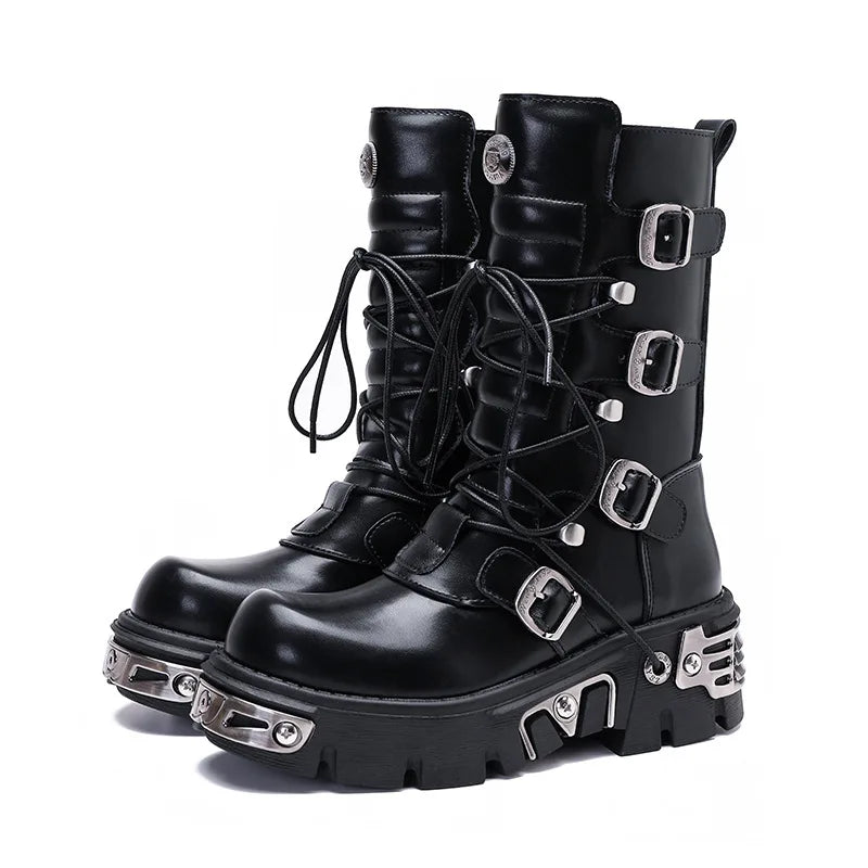 Women Men Boots Female Male Punk Metal Rock Black Chunky Heel Platform Pumps Ladies Motorcycle Mid-calf Round Toe Lace-up Shoes