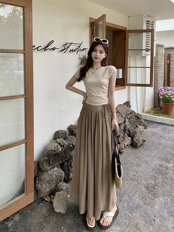 Women Elegant All-match Solid Color Wide Leg Pants Summer Simplicity Elastic High Waist Casual Lace Up Trousers Female Clothing