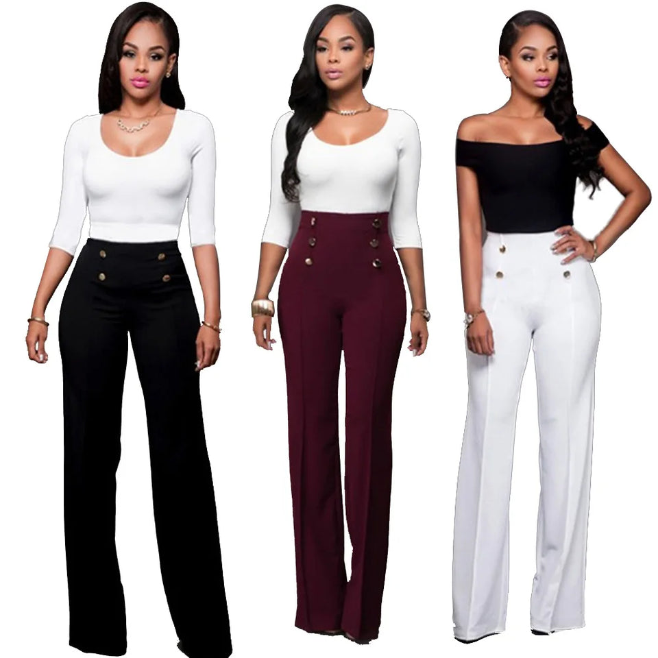 casual high waist long pants women office lady slim shirts & blouses wild pantalones clothing elegant Button straight leg pants