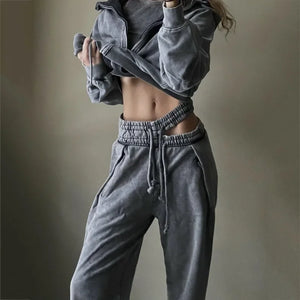 HOUZHOU Sweatpants Women Gray Loose Casual Wide Leg Pants Trousers Hollow Out Streetwear Vintage Female Clothing Sports Pants