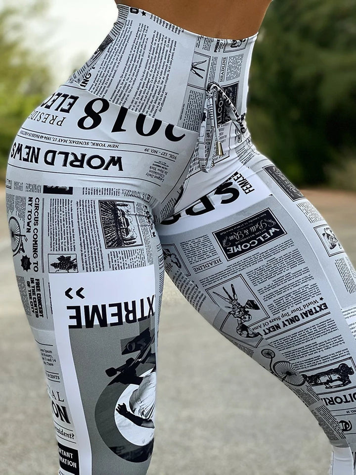 New Trend Women Newspaper Print Butt Lifting Pants Femme Anime High Waist Skinny Trousers Sporty Lady Clothing Clothing Traf