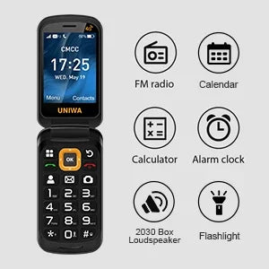 UNIWA V909T Big Push-Button 4G Flip Phone Dual Screen 0.3MP Camera FM Radio Russian Hebrew Keyboard 2250mAh Clamshell Cellphone