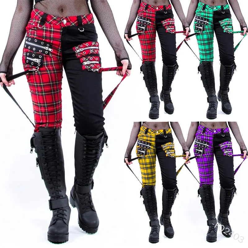 Women Pants Plaid Autumn Trousers  Personality Bandage Splice Casual Women's Print Large Size Pencil Clothing