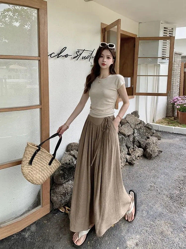 Women Elegant All-match Solid Color Wide Leg Pants Summer Simplicity Elastic High Waist Casual Lace Up Trousers Female Clothing