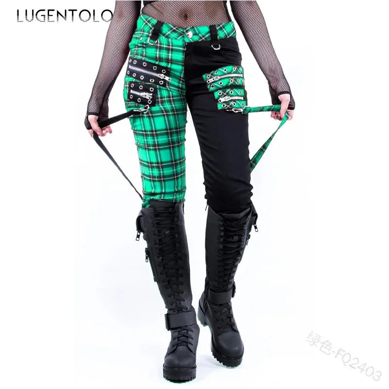 Women Pants Plaid Autumn Trousers  Personality Bandage Splice Casual Women's Print Large Size Pencil Clothing