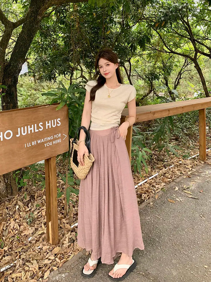 Women Elegant All-match Solid Color Wide Leg Pants Summer Simplicity Elastic High Waist Casual Lace Up Trousers Female Clothing